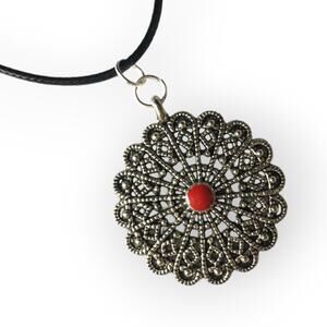 Boho silver tone filigree red accent pendant necklace